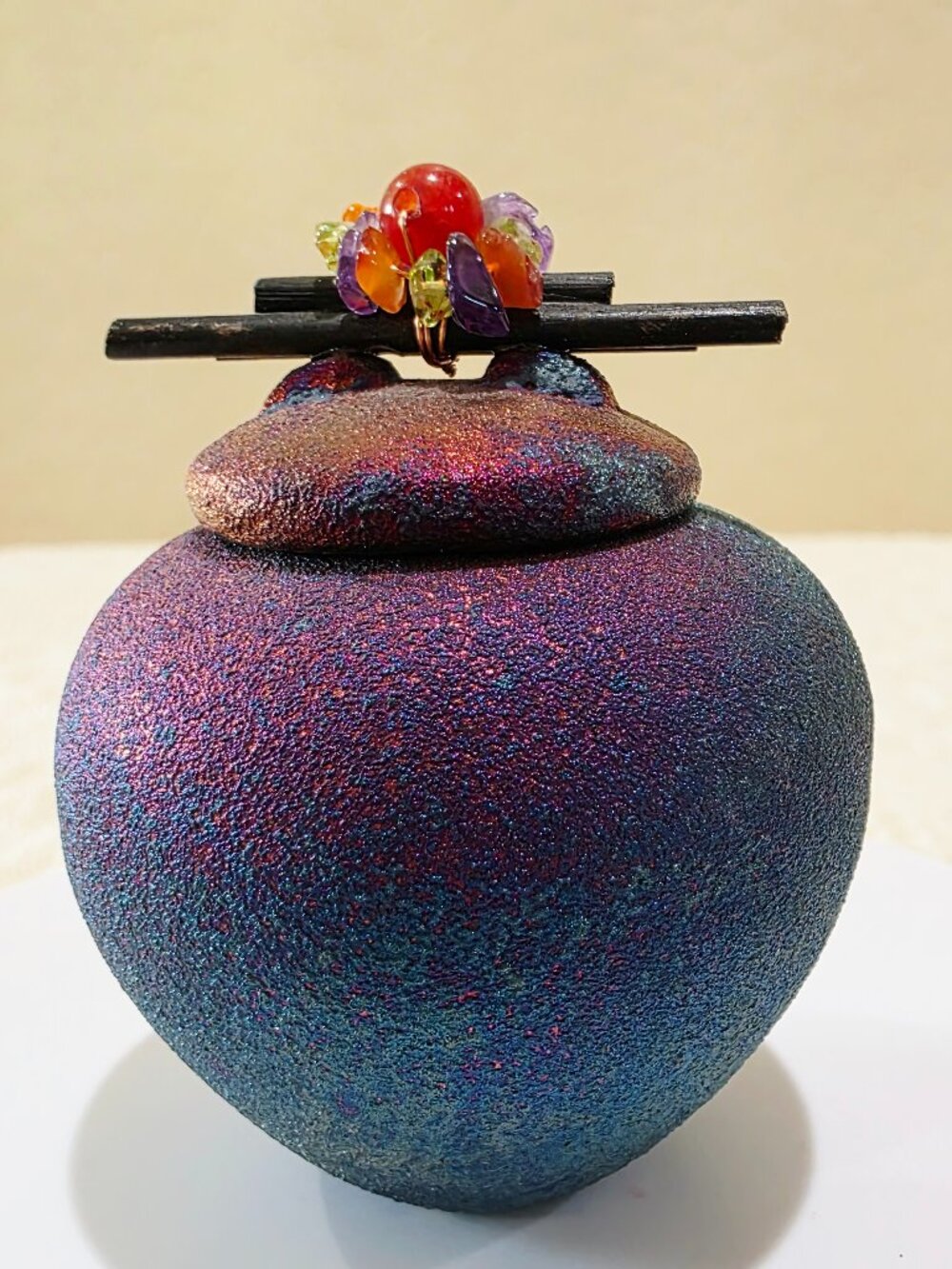 Jeremy Diller Raku Pottery Mini Dream Jar Signed Studio Art Vessel Gemstones P4